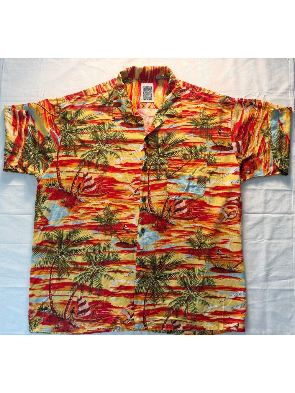 Vintage Ocean Current Hawaiian Shirt Mens XL Rayon Tropical Surf Palm Sailboat